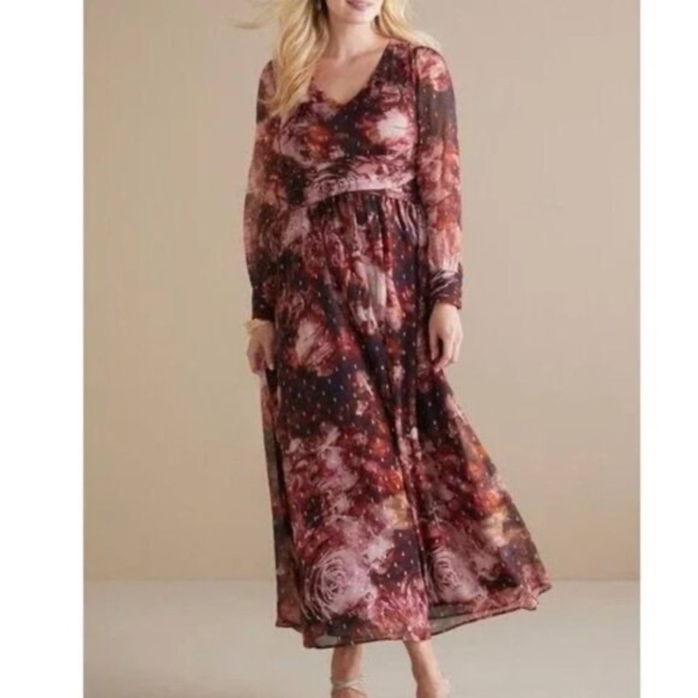 Soft Surroundings Rina Silk Floral Maxi Dress Pink Gold Lurex 14 NWT ff